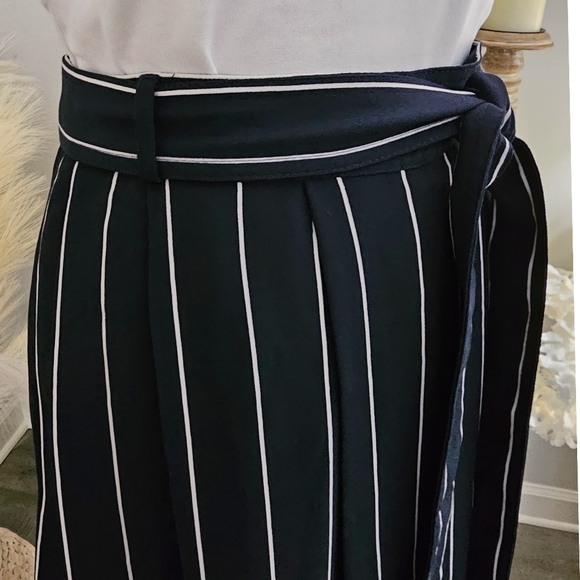 Size 12 Banana Republic Navy Blue White Striped Waist Tie Pleated Midi Skirt - Picture 3 of 6